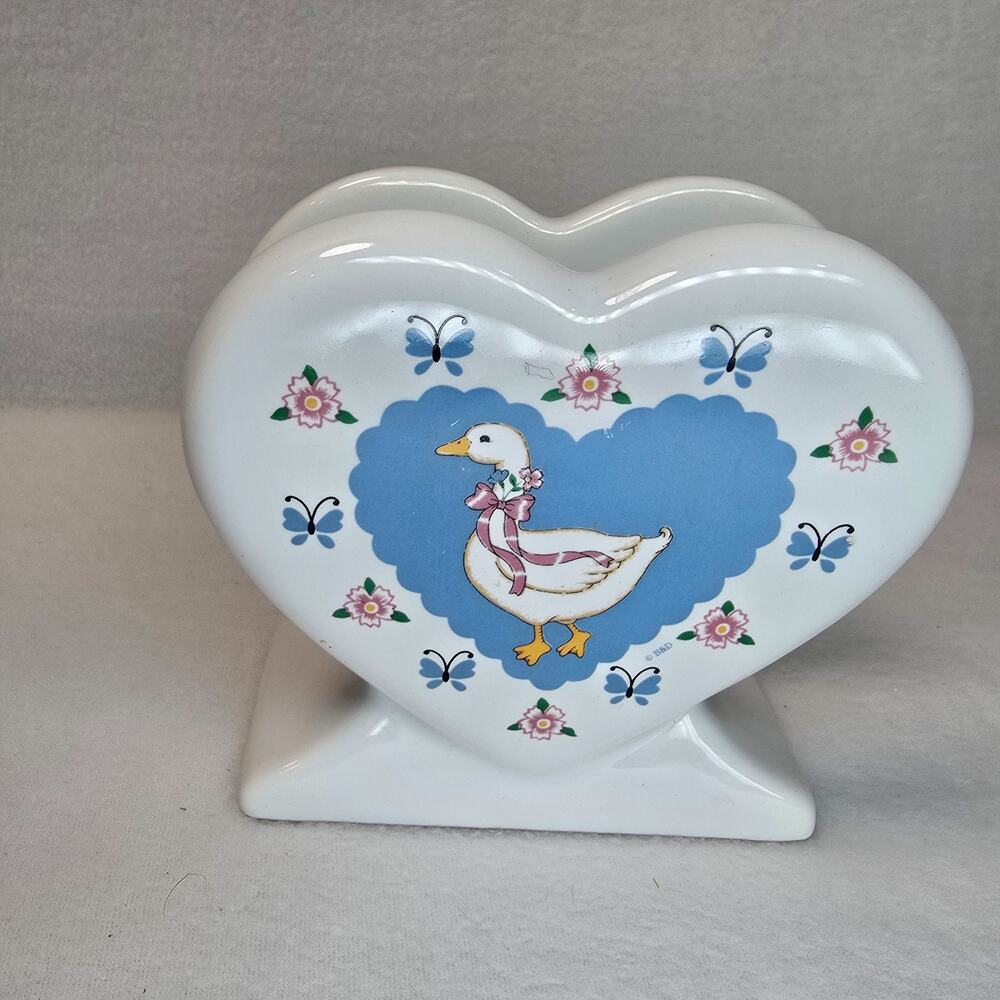Vtg Treasure Craft Napkin Holder "Ribbon Geese" White Ceramic Heart Geese Design